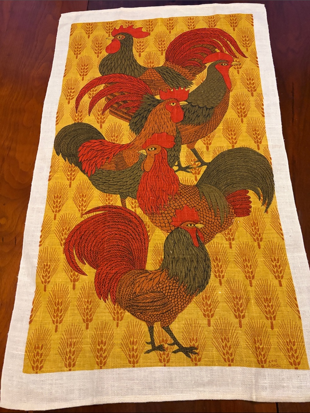 Vintage Lois Long Signed Rooster Linen Tea Towel Mid Century Modern MCM Art
